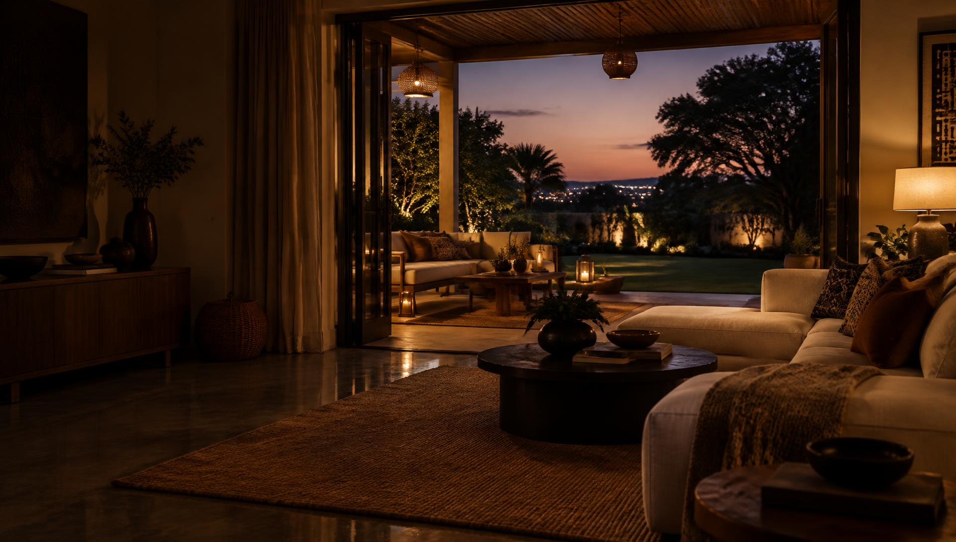 A Lusaka home opening onto a lamplit garden at dusk