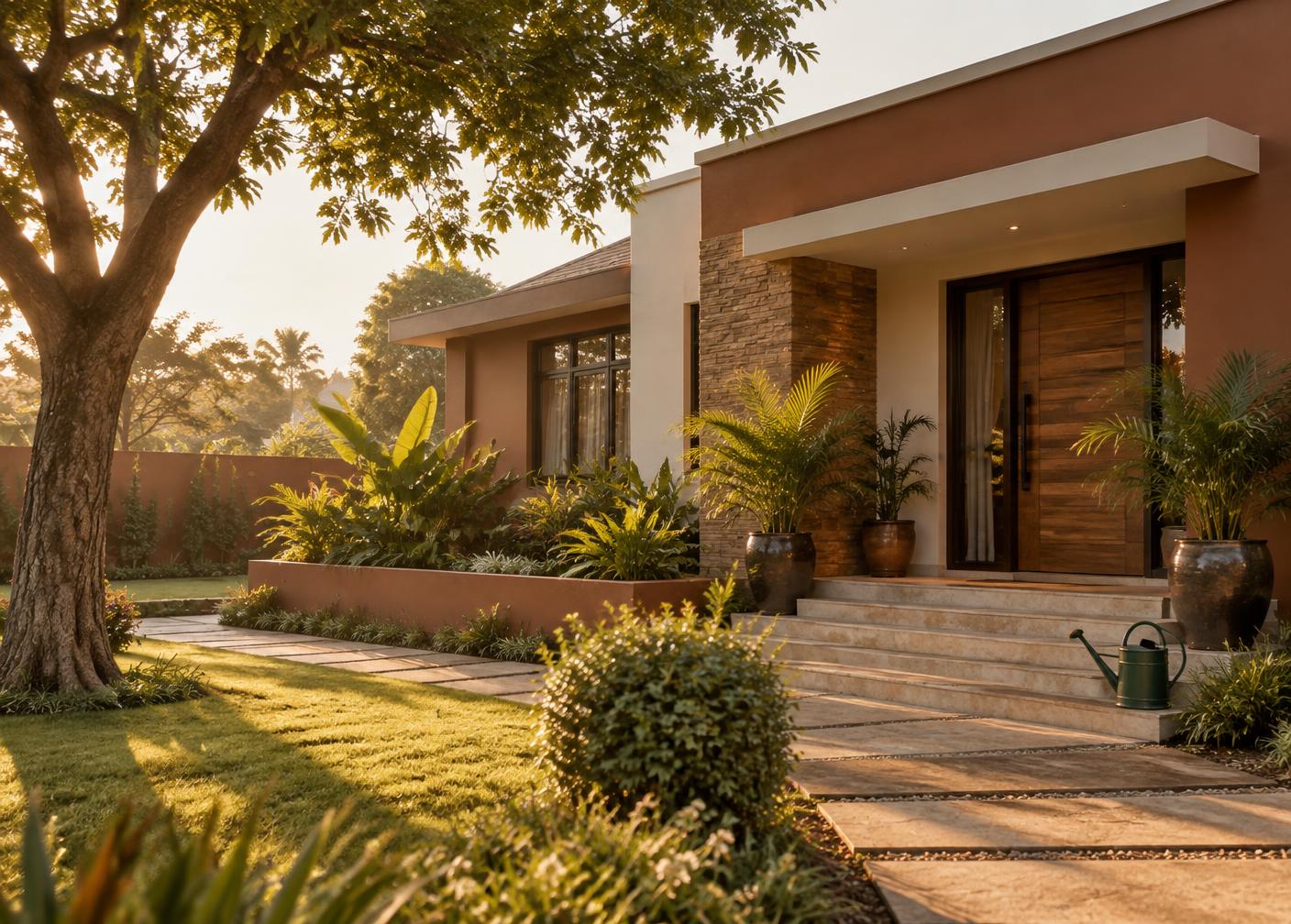 A contemporary family home in a leafy Lusaka suburb at golden hour
